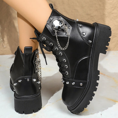 [Gothic Chunky Platform Boots] Women's Chunky Platform Boots - Gothic Lace-Up Ankle Boots with Thick Platform Sole, PU Synthetic Cover Upper, Round Toe for Edgy Streetwear, Concerts, Everyday - Non-Slip Rubber Outsole - Easy-