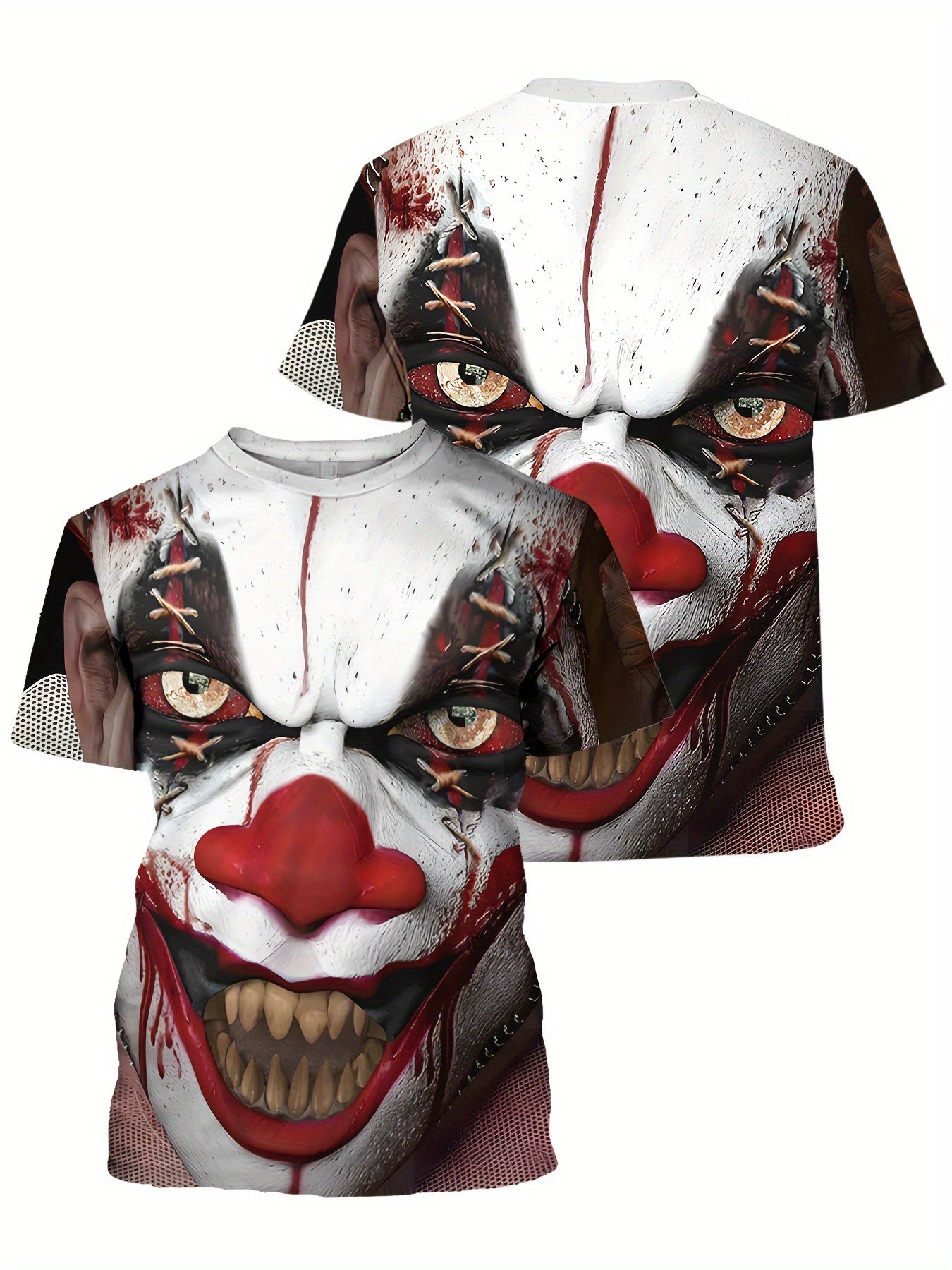 1pc Men's Pennywise Clown Costume T-Shirt - Pennywise Face & IT Movie-Inspired 3D Graphic Tee, Soft Stretchy Knit Fabric, Round Neck Short Sleeve Shirt for Horror Fans, Carnival Parties & Cosplay Events (Machine Washable) - C