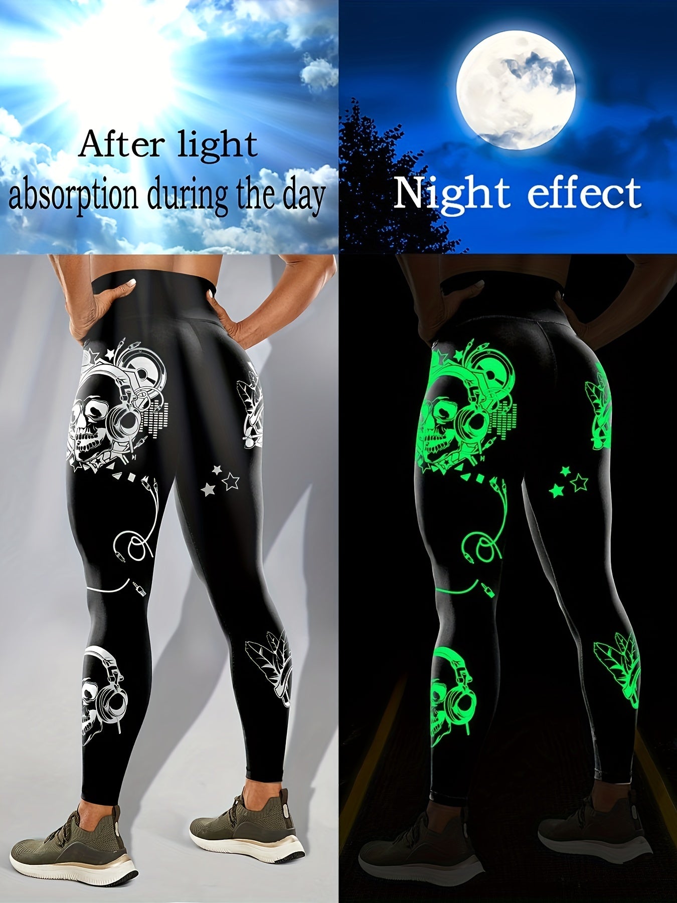 Women'S High-Waisted Stretchy Fitness Leggings with Glow-in-the-Dark Skull Print - Black, Elastic Waistband, Long Length for Running, Yoga & Halloween Party Wear, Yoga Pants, Halloween Leggings, Bold Graphic Pants, Highelasti