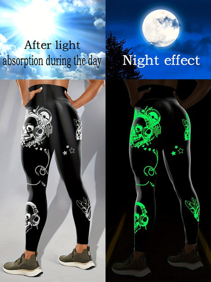 Women'S High-Waisted Stretchy Fitness Leggings with Glow-in-the-Dark Skull Print - Black, Elastic Waistband, Long Length for Running, Yoga & Halloween Party Wear, Yoga Pants, Halloween Leggings, Bold Graphic Pants, Highelasti