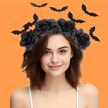 [Halloween Witch Hat Headband] Halloween Witch Hat Headband - 1pc Gothic Bat Hair Clip with Black Fake Flowers, Dark Cosplay Accessory for Women