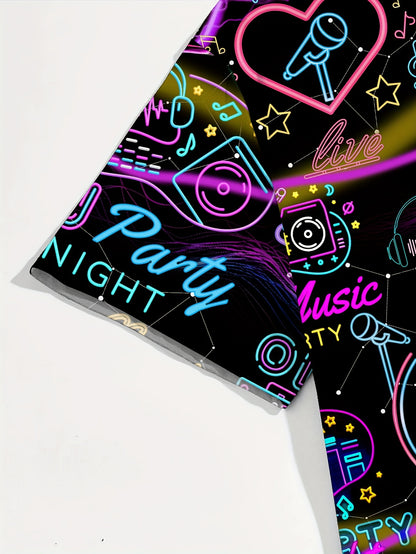 Men's Casual Short Sleeve Hawaiian Shirt - Neon Music Party Graphic T-Shirt with DJ Turntable & Music Note Print, Vibrant Polyester Fabric for Summer Vacation, Club Nights & Casual Outings, Hawaiian Theme Party, Retro Graphic