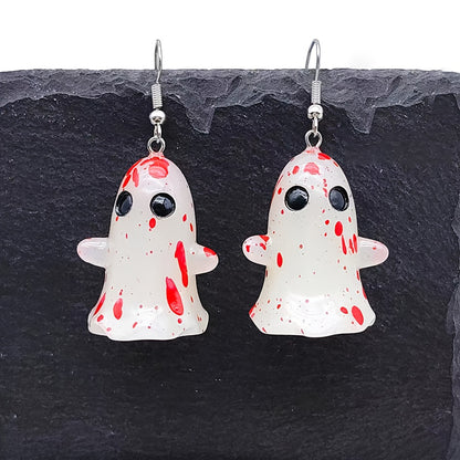 1 Pair Halloween Glow-in-the-Dark Ghost Earrings - Gothic Resin Dangle Earrings with Red Irregular Dot Design, Random Size & Position for Women, Halloween Party & Casual Attire, Festive Accessories, Glowindark Feature, Durabl