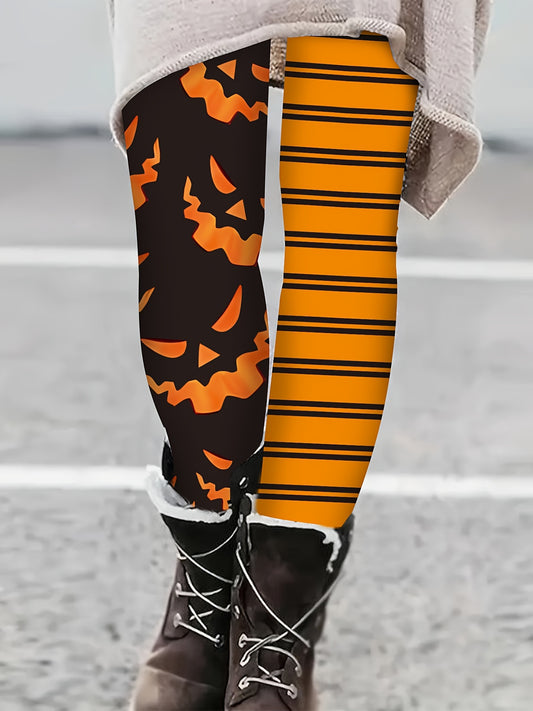 [Halloween Leggings for Women] Halloween Women's Tight-Fitting Leggings | Stretchy Polyester-Spandex Blend, Jack-O'-Lantern & Striped Print, All-Season Machine Washable Casual Pants for Adults