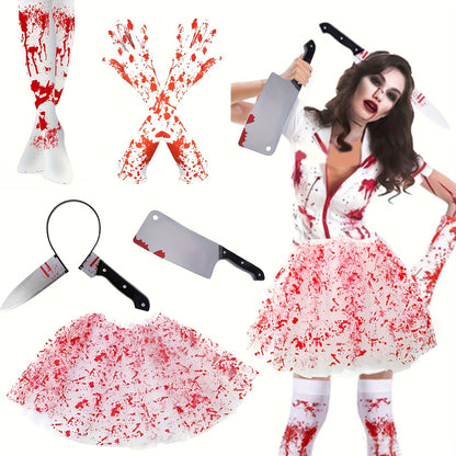 New Halloween Party Decorations Including Bloody Gloves, Blood-Stained Socks, And Aprons, Along with Plastic Pointed Knives And Handheld Cleavers for Costume Parties, Without Battery