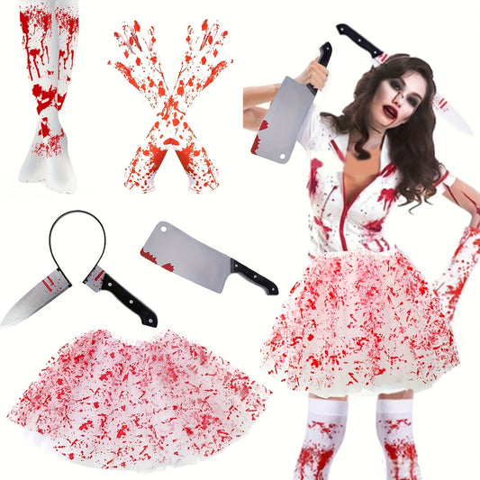 New Halloween Party Decorations Including Bloody Gloves, Blood-Stained Socks, And Aprons, Along with Plastic Pointed Knives And Handheld Cleavers for Costume Parties, Without Battery