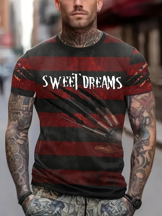 Men's Vintage Horror Movie trivia Freddy Krueger Reference T-Shirt - Nightmare on Elm Street Inspired Red & Black Retro Tee - Stretch Crew Neck Casual Shirt for Horror Fans - Machine Washable Plus Size Big & Tall Apparel, Hor