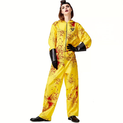 1 Set Full Zombie Costume with Gas Mask & Splatter Effects - Neon Yellow & Red Blood-Splattered Outfit, Hazmat Suit Design with Black Gloves - Easy-to-Wear Outfit for Halloween Costumes, Themed Parties & Horror Events (No Mas