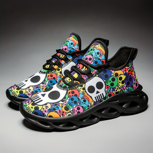 Stylish Skull Print Sneakers - Ultra-Breathable, Shock-Absorbing, Lightweight Running Shoes with EVA Insole for All-Season Comfort - Halloween-Inspired, Casual, Lace-up Athletic Footwear for Men