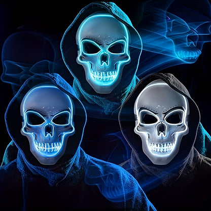 LED Glowing Skull Mask with Blue Light Effects - Self-Lit Halloween Costume Party Mask with Expressive Eyes & Sharp Teeth, Battery-Powered (Batteries Not Included) for Men's Costumes, Themed Events, Gothic Performances - Comp