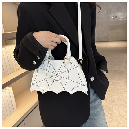 Halloween Women'S Bat Wing Spider Web Handbag - Lightweight Synthetic Faux Leather Tote with Geometric Spider Web Design, Zipper Closure & Detachable Strap, Gothic Style for Daily Use or Party Outfits, Durable Polyester Linin