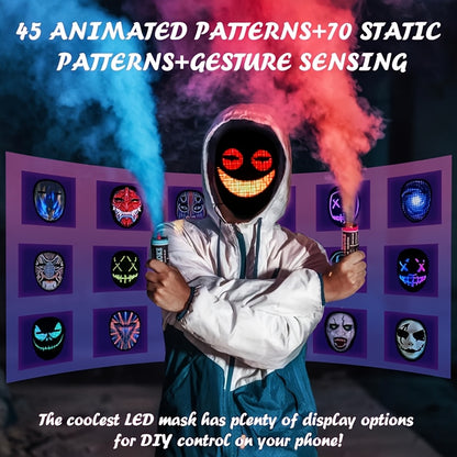 Party LED Light Mask Gesture Sensing Intelligent Display LED Mask Face Mask App Control Pretend Playful Face Mask Battery Powered Batteries Not Included Suitable for Makeup Parties, Christmas, Carnival and Themed Events, Hall