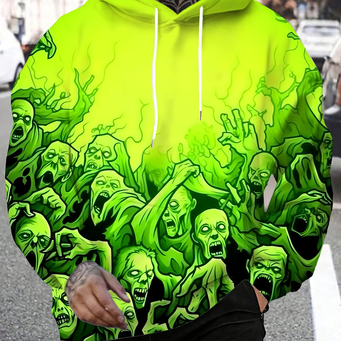 Men'S Y2K Dark Punk Skull Graphic Hoodie - Vibrant Green 3D Print, Elastic Knit Fabric, Drawstring Pocket, Regular Fit for Gym, Outdoor & Casual Wear, Autumn Winter Essential, Gym Apparel | Skull Print Hoodie | Stretchy Knit