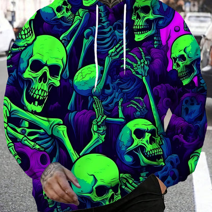Men's Gothic Y2K Hoodie - Dark Purple & Neon Green Skull Graphic Pullover - Stretch Knit Sweatshirt with Drawstring Hood - Streetwear Gym Casual Outfit for Everyday & Halloween - Machine Washable Men's Clothing, Comfortable F
