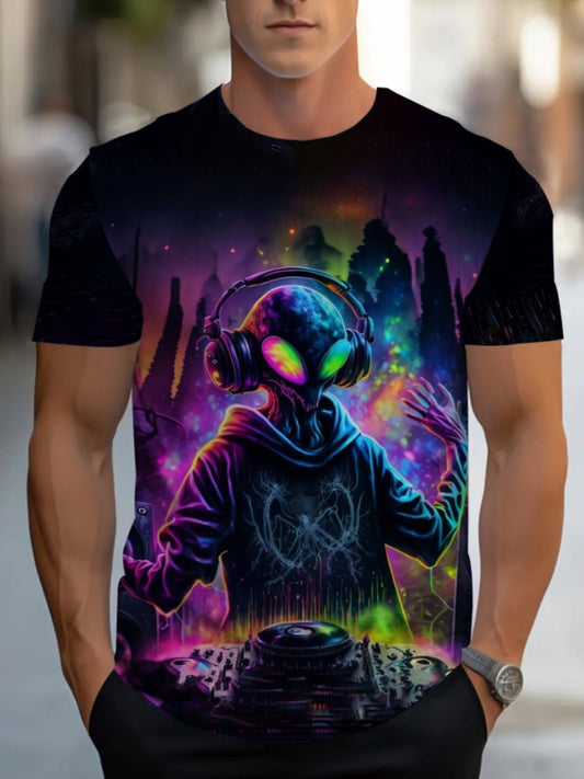 Men's DJ Graphic T-Shirt - Neon Glow Party Tee, Lightweight Club Shirt for Nightlife, Concerts & Casual Outfits - Machine Washable Regular Fit Music Producer Apparel, Music Shirt, Nightclub Clothing, Vibrant Print Tee