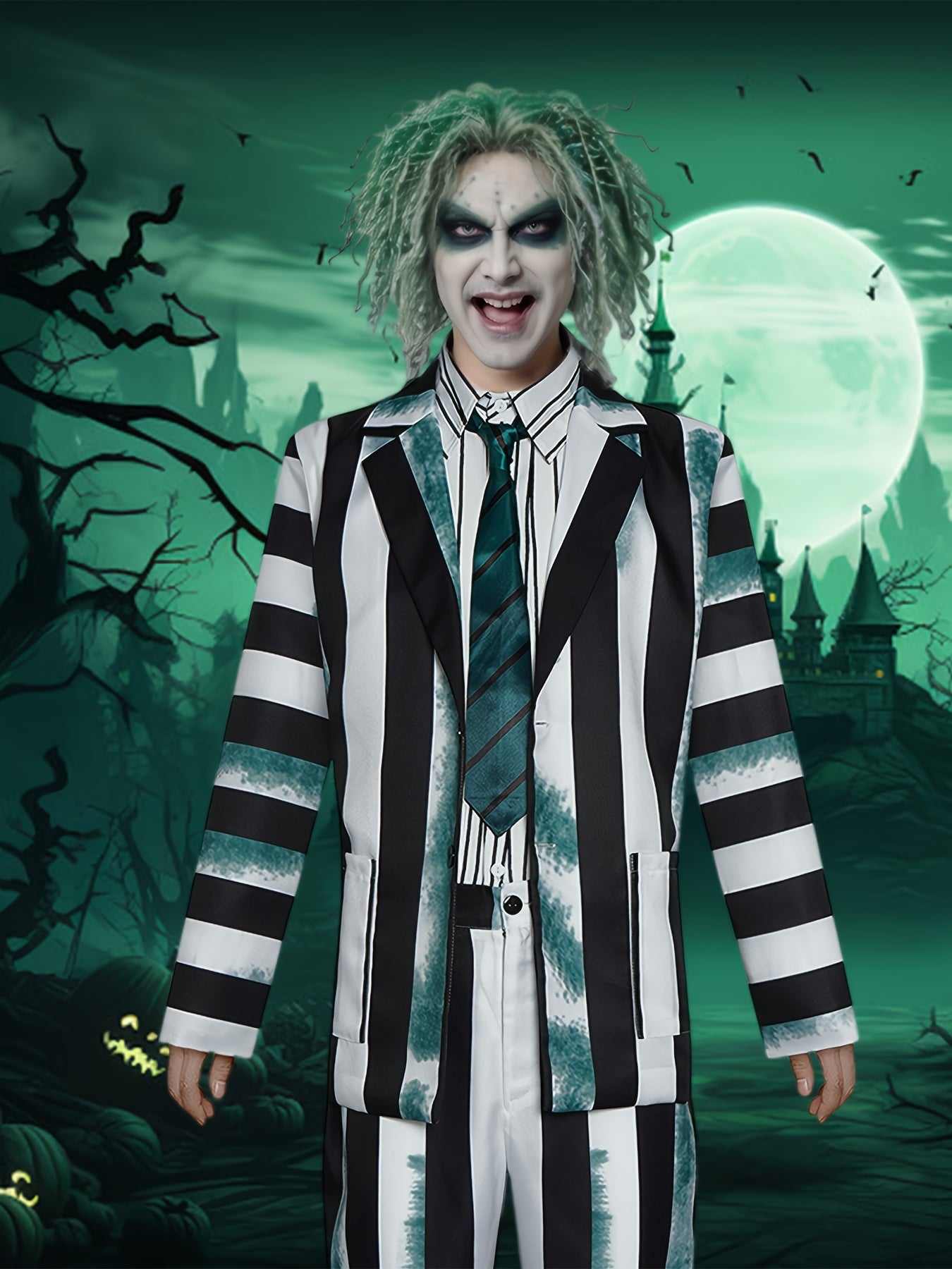 [Halloween Costume Set] Halloween Men's Beetle Striped Costume Set | Adult Wizard Cosplay Outfit, Horror Ghost Attire for Halloween Party, Christmas Masquerade Ball & Themed Gatherings