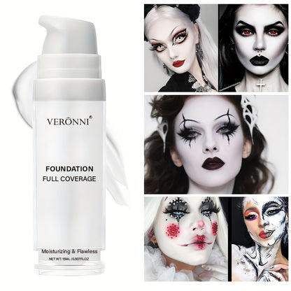 VERONNI Full Coverage Matte White Liquid Foundation - Extreme Coverage Heavy Duty Makeup, Waterproof & Long-Lasting Creamy Formula for Halloween, Goth, Zombie, Clown, - with Pump Dispenser for Professional & Everyday Use - Al