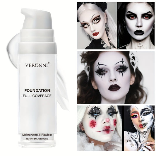 VERONNI Full Coverage Matte White Liquid Foundation - Extreme Coverage Heavy Duty Makeup, Waterproof & Long-Lasting Creamy Formula for Halloween, Goth, Zombie, Clown, - with Pump Dispenser for Professional & Everyday Use - Al