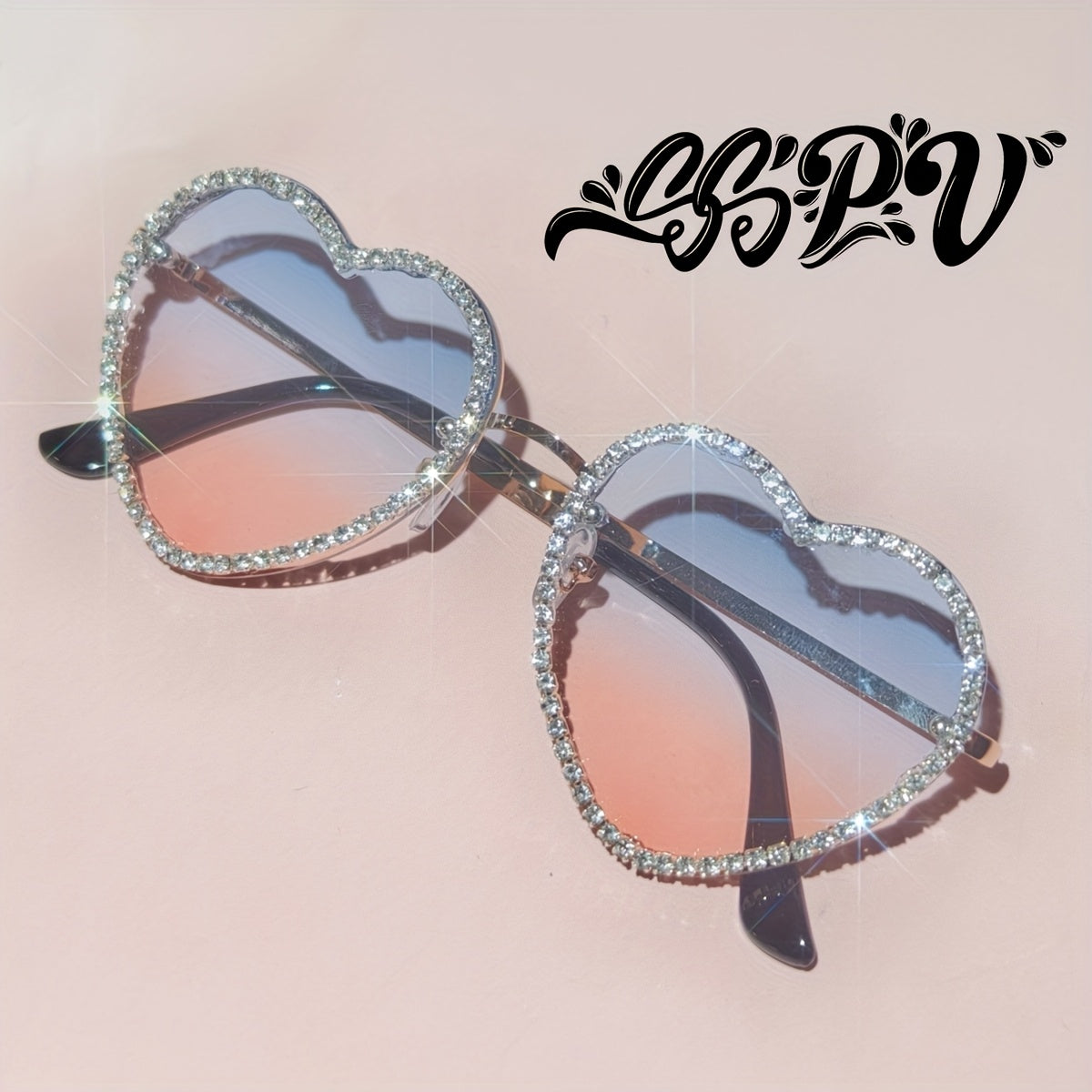 SSPV Rhinestone Heart Fashion Glasses - Sparkling Love-Shaped Shades in Multiple Colors, Glittery Gradient Lenses with Black Frames, Perfect for Festivals, Parties & Fashion Accessories, Party Eyewear, Rhinestone Embellishmen