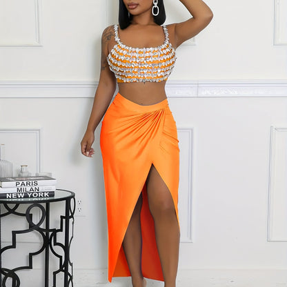Women'S Sexy High-Slit Maxi Skirt - Solid Color Orange, High-Waisted, Flowing Design, Perfect for Summer & Spring, Versatile Fashion, Cute Skirts, Casual Elegance