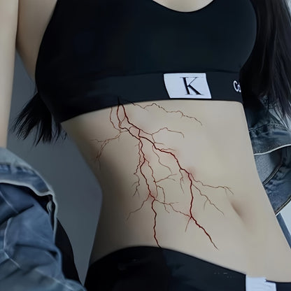 1pc Large Gothic Dark Style Black and Red Lightning Temporary Tattoo Sticker, Waterproof Creative Abstract Sexy Line Art, Halloween Blood Lightning Original Herbal Juice Tattoo Decal, Body Art