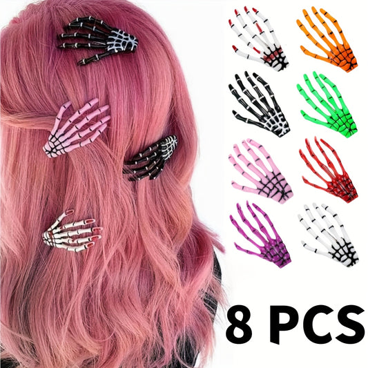 8pcs Skull Hair Clips - Colorful Skeleton Claw Clips, Punk Rock Horror Style Hair Accessories, Halloween Party Gift, Fun Hairstyle Add-Ons