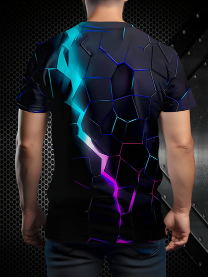 Men's Lightning Effect T-Shirt - Neon Blue & Pink Electric Graphic Tee, Lightweight Polyester Blend Crew Neck Shirt for Parties, Everyday & Themed Events - Machine Washable Retro Futuristic Top, Party Attire, Summer Clothing,