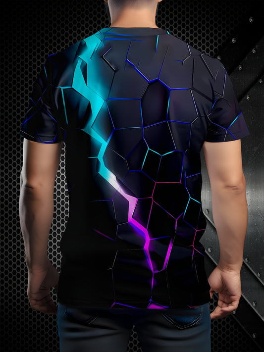 Men's Lightning Effect T-Shirt - Neon Blue & Pink Electric Graphic Tee, Lightweight Polyester Blend Crew Neck Shirt for Parties, Everyday & Themed Events - Machine Washable Retro Futuristic Top, Party Attire, Summer Clothing,