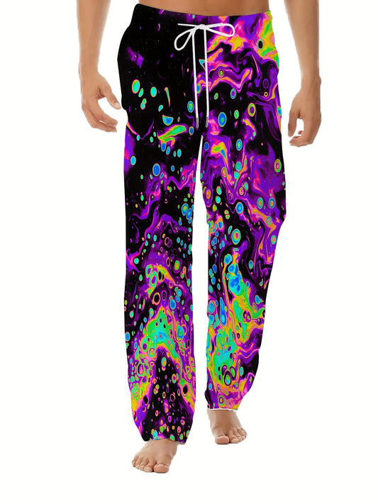 Men's Psychedelic Swirl Print Straight-Leg Pants - Vibrant, Loose Fit with Drawstring Waist | Casual Polyester Trousers for Teens & Adults, Machine Washable