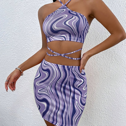 Asymmetric Color Wave Print Sexy Backless Halter Top + Slimming Skirt Two-Piece Set