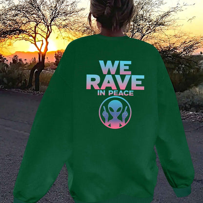 Women'S Casual Crew Neck Long Sleeve Sweatshirt, Polyester 100% Knit Fabric, Geometric Alien "WE RAVE in PEACE" Graphic, Fall/Winter Regular Length