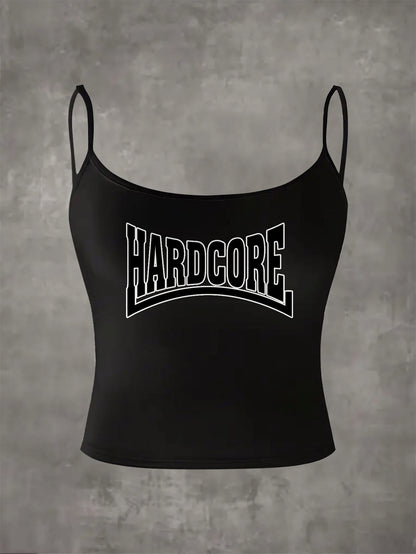 Women'S Black Halter Neck Tank Top with Bold "HARDCORE" Print - Sleeveless, Round Neck, Stretchy Polyester Blend, Perfect for Summer & Casual Wear, Casual Wear Top | Bold Lettering Top | Comfortable Fit