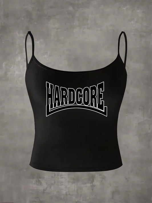 Women'S Black Halter Neck Tank Top with Bold "HARDCORE" Print - Sleeveless, Round Neck, Stretchy Polyester Blend, Perfect for Summer & Casual Wear, Casual Wear Top | Bold Lettering Top | Comfortable Fit