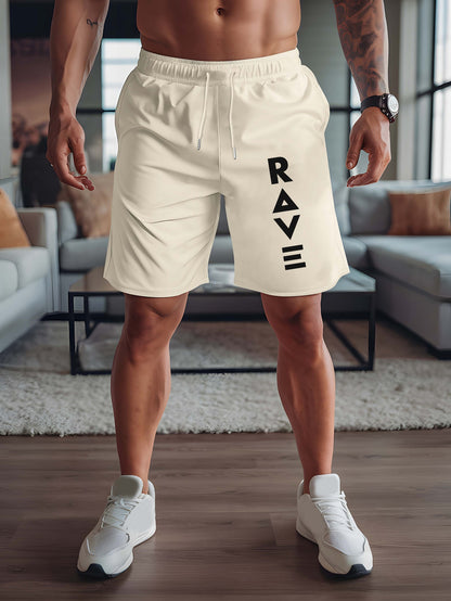 R V New Men's Summer Casual Shorts with RAVE Letter Print - Light Grey Regular Fit Outdoor Sports & Beach Vacation Shorts, American Fashion Trendy Lightweight Comfortable Design, Beach Vacation Apparel | Fashionable Casualwea