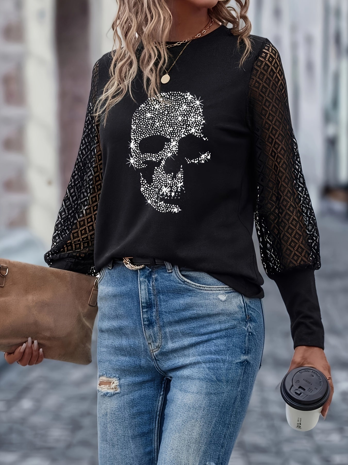 Skull Rhinestone Crew Neck T-Shirt, Contrast Lace Long Sleeve T-Shirt For Spring & Fall, Women's Clothing