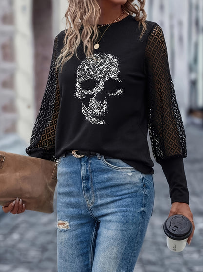 Skull Rhinestone Crew Neck T-Shirt, Contrast Lace Long Sleeve T-Shirt For Spring & Fall, Women's Clothing