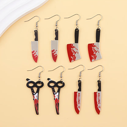 4 Pairs Halloween Blood Red Knife Earrings - Edgy Gothic Piercing looks, Lightweight Acrylic Statement Jewelry for Women, Halloween Party Costume Accessories, Everyday Goth Piercings - Gift for Horror Fans, Halloween Decorati