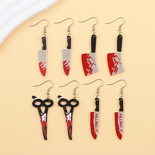 4 Pairs Halloween Blood Red Knife Earrings - Edgy Gothic Piercing looks, Lightweight Acrylic Statement Jewelry for Women, Halloween Party Costume Accessories, Everyday Goth Piercings - Gift for Horror Fans, Halloween Decorati