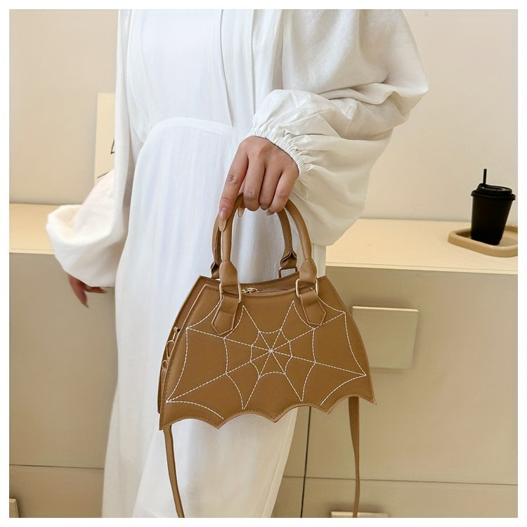 Halloween Women'S Bat Wing Spider Web Handbag - Lightweight Synthetic Faux Leather Tote with Geometric Spider Web Design, Zipper Closure & Detachable Strap, Gothic Style for Daily Use or Party Outfits, Durable Polyester Linin