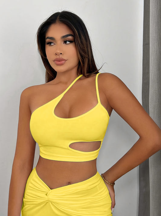 Women'S Sexy Neon Green One-Shoulder Cut-Out Crop Top - Stretchy Workout & Casual Wear, Perfect for Fitness, Parties, and Casual Attire, Fitness Apparel | Neon Green Top | Cutout Design, Gym Clothes