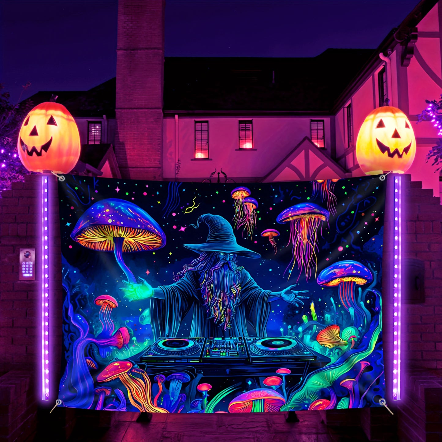 Wizard DJ Jellyfish Mushroom Fluorescent Tapestry - Halloween Outdoor Large Wall Hanging Decor for Yard Party, Hole-Punched Easy Hang, Festive Gift, Polyester, No Electricity Needed