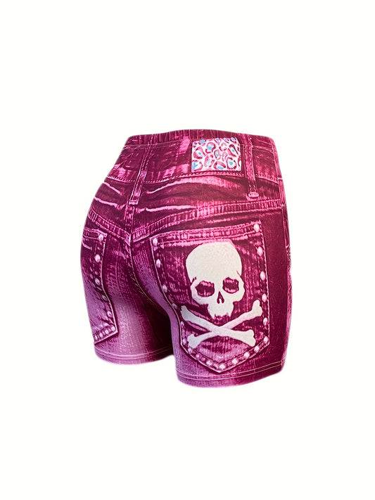 Skull Print Imitation Denim Shorts, Sexy High Waist Skinny Shorts For Spring & Summer, Women's Clothing