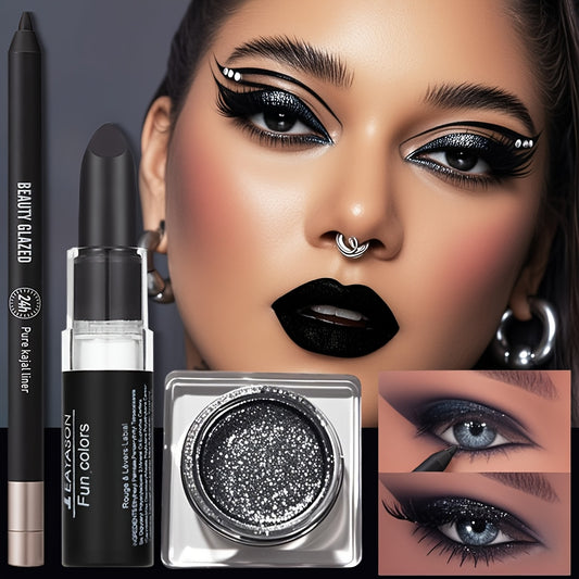 3pcs/SET makeup set: lipstick + eyeliner + eyeshadow, black series, matte waterproof lipstick, black waterproof eyeliner, shiny liquid pearlescent eyeshadow, match to create a black punk makeup, perfect for Halloween