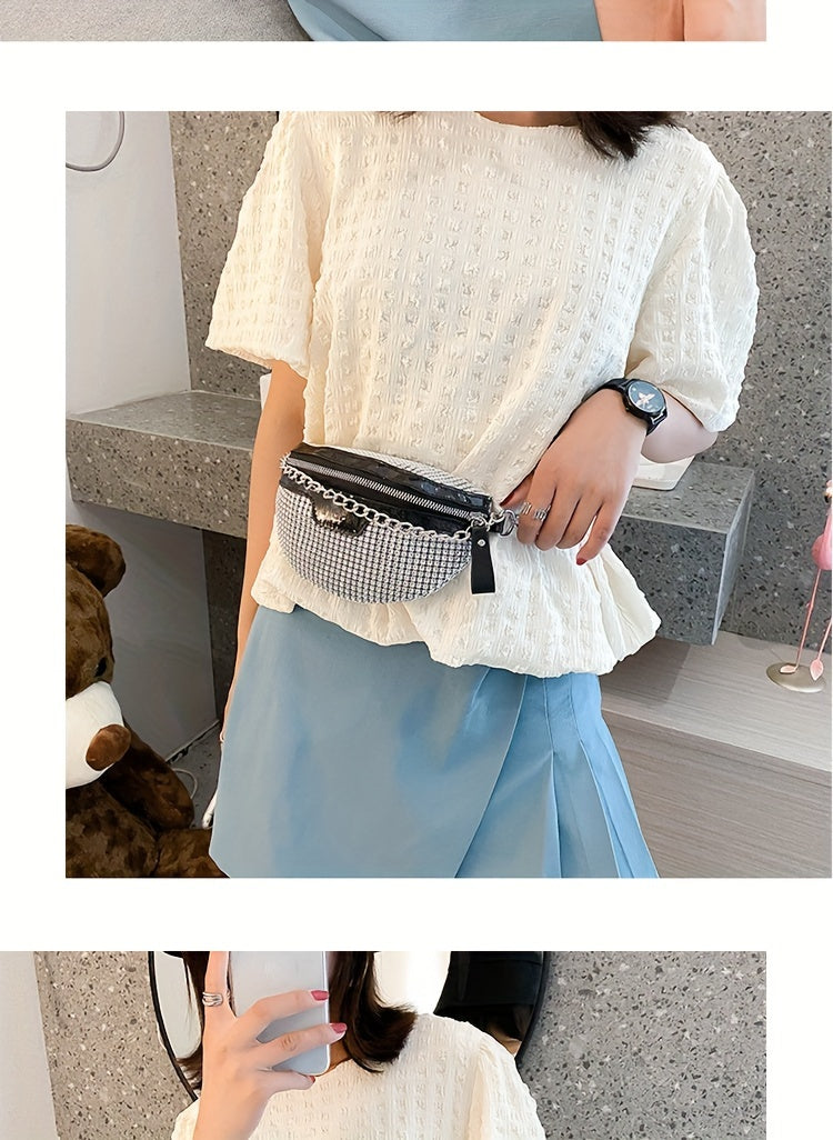 Shining Rhinestone Waist Bag, Bling-Bling belt bag for Women, Trendy Chain Decor Crossbody Chest Bag Bum Bag belt bag
