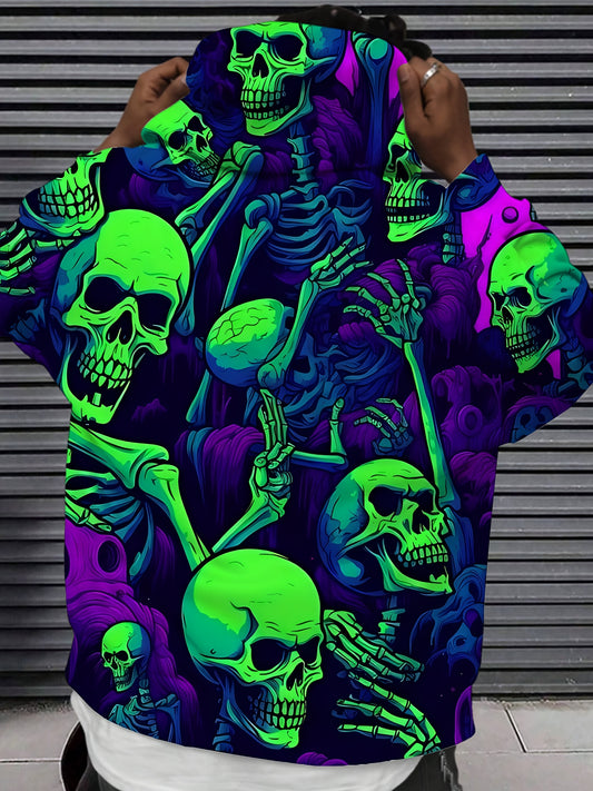 Men's Gothic Y2K Hoodie - Dark Purple & Neon Green Skull Graphic Pullover - Stretch Knit Sweatshirt with Drawstring Hood - Streetwear Gym Casual Outfit for Everyday & Halloween - Machine Washable Men's Clothing, Comfortable F
