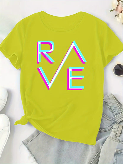 Plus Size, Women's Plus Size T-Shirt - Bright Orange with Neon BLUE-PINK RAVE Graphic - Stretchy Fabric Casual Party Outfit for Concerts, Clubwear - Everyday & Special Occasion Tops - Machine Washable All-Season Women's Cloth