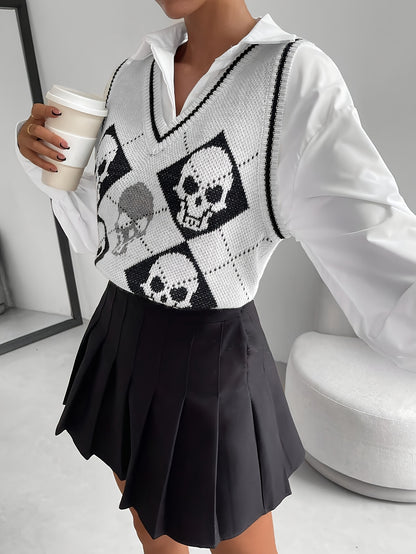 [Elegant Skull Print Vest] Elegant & Versatile Women's V-Neck Skull Print Vest | Black & White Halloween Pattern Sleeveless Top, Medium Stretch for Spring Summer Fall, Layering Piece for Casual & Formal Outfits