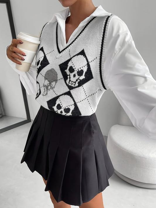 [Elegant Skull Print Vest] Elegant & Versatile Women's V-Neck Skull Print Vest | Black & White Halloween Pattern Sleeveless Top, Medium Stretch for Spring Summer Fall, Layering Piece for Casual & Formal Outfits