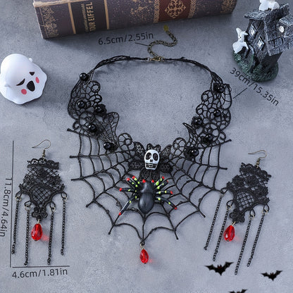 Gothic Punk Handcrafted Halloween Jewelry Set - 3 Piece Black Lace Spider Web Skull Choker and Earrings, Unique No Plating Polyester Accessory for Women, Perfect for Daily Wear and Festival Celebrations