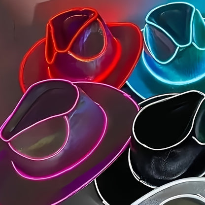 Neon Glow-in-the-Dark Cowboy Hats for Parties - Vibrant Red, Blue, Pink & Black, Battery Operated (AA Not Included), Hand Wash Only, Perfect for Halloween, Christmas, Thanksgiving & More, Festive Headwear, Party Accessories,
